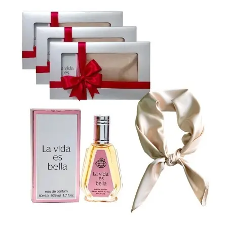 3 x Set Elysa – Apa de Parfum La Vida es Bella Fragrance World 50ml, Esarfa satinata crem - Ofertă promoțională