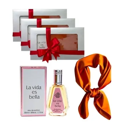 3 x Set Elysa – Parfum La Vida es Bella Fragrance World 50ml, Esarfa satinata portocalie - Recomandare