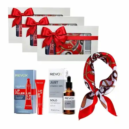 3 x Set Elysa – Ser Revox Vitamin C 20% 30ml, Lip Filler Revox 12ml, Esarfa satinata | Se poate comanda