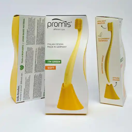 Produs nou lansat - Promis - Combo pack - periuta + suport simplu, culoare yellow